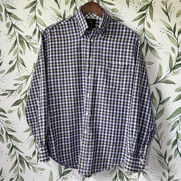 Tailorbyrd Plaid Button Down. Size medium. Purple/Gold Plaid. - Picture 2 of 9